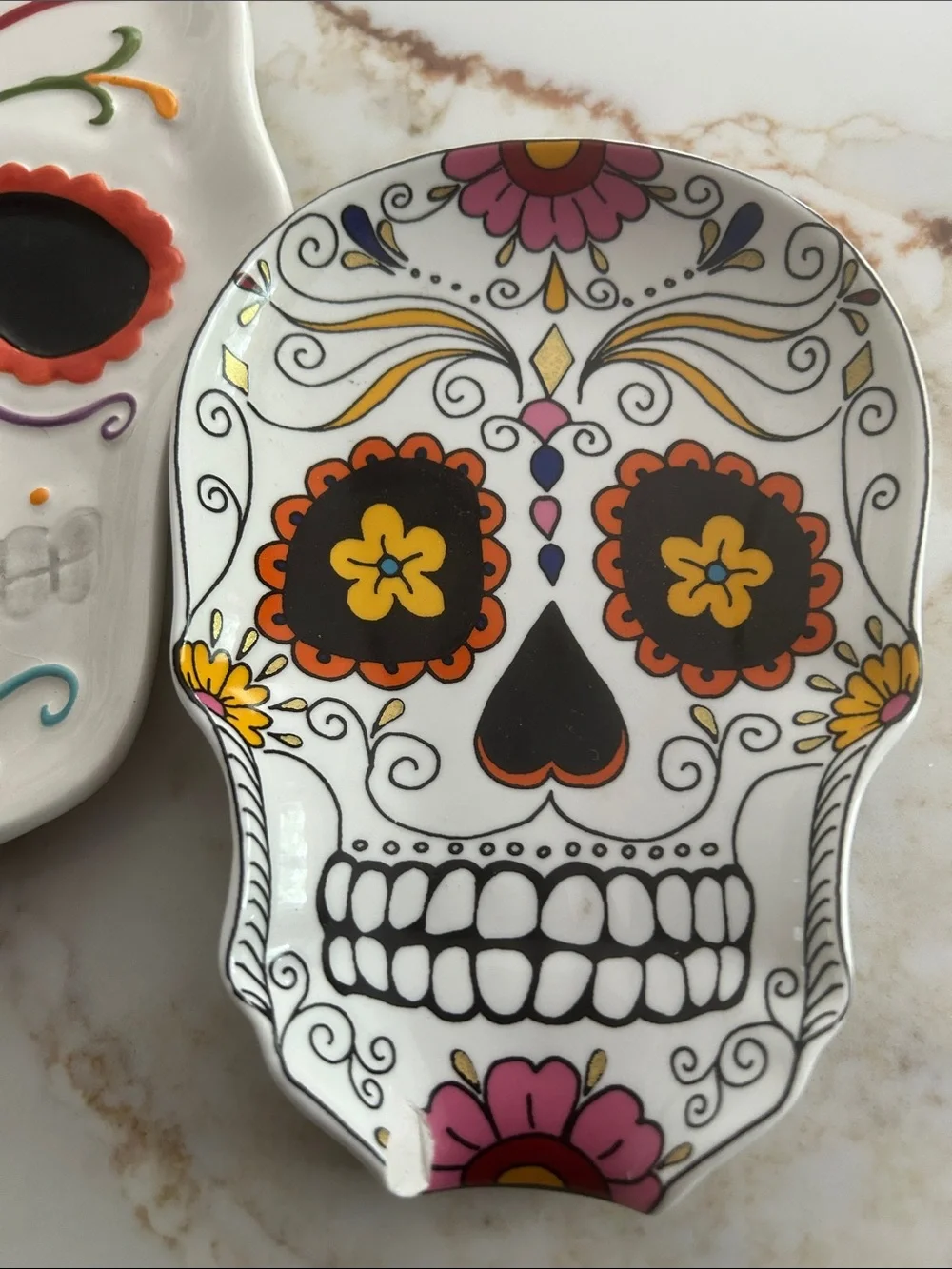 Set of 2 Skull Decorative Trinket Dishes - White with Multicolor Accents